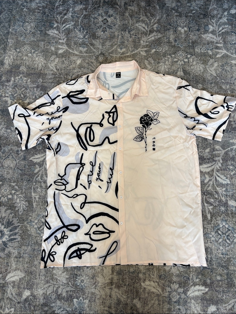 SHEIN Pale Pink Short-Sleeve Button Shirt with Black Graphic Sketch